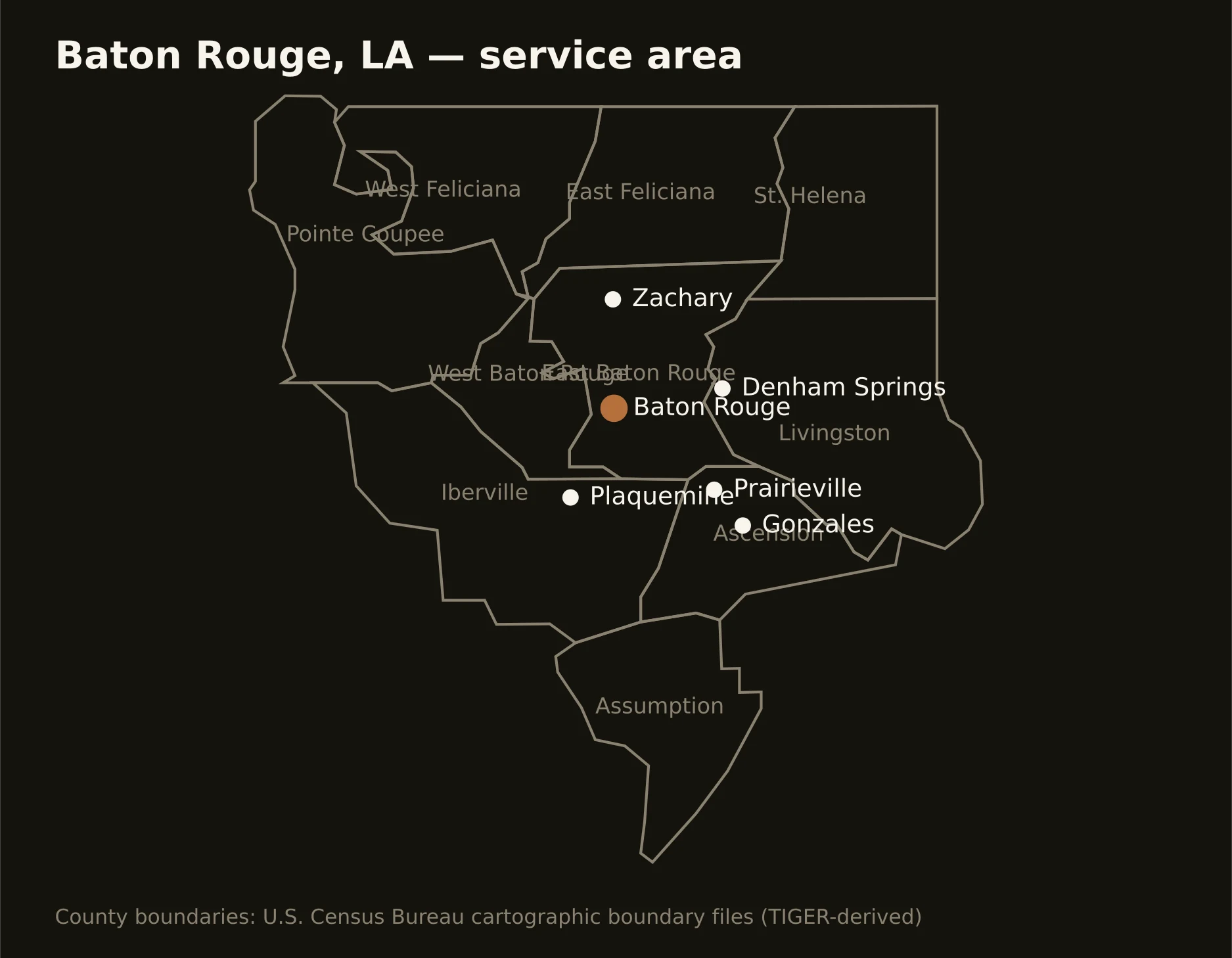 Baton Rouge, LA directional drilling service area map — component counties and cities served
